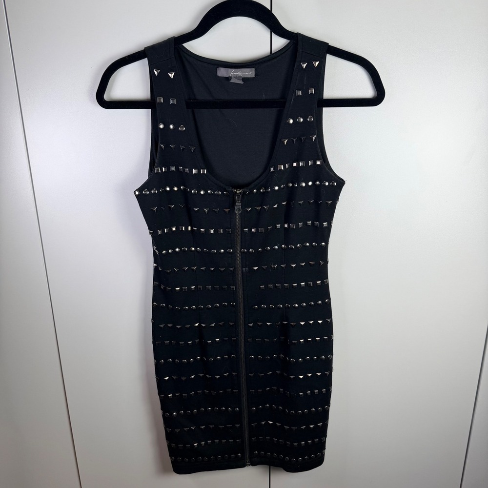 Twenty One Womens S Black Studded Zipper Front Mini‎ Dress Punk Indie Sleeze